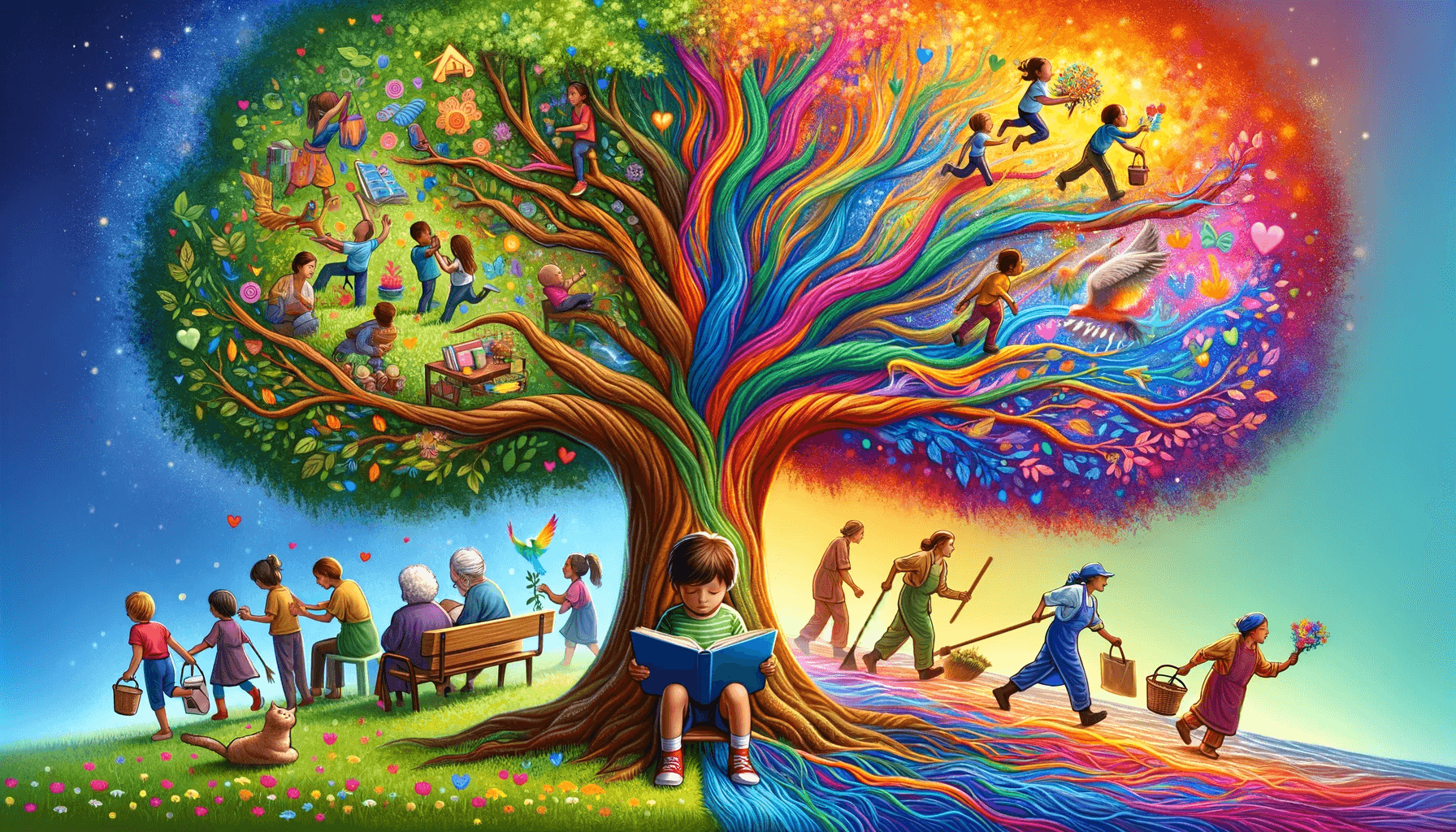 Child reading by a tree